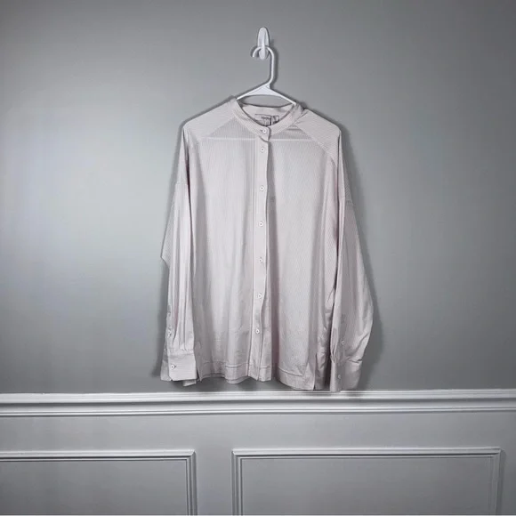 MaxMara Edmea in Jersey Pink and White Pinstripe Button Down Shirt (A1-44) - Picture 1 of 6